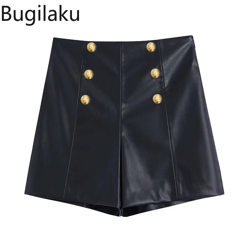 

Шорты Bugilaku винтажные женские из искусственной кожи, однотонные двубортные модные короткие штаны с завышенной талией, уличная одежда в Коре...