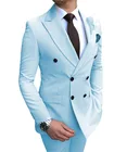 Пиджак и брюки мужские, летние, голубые, двубортные, с остроконечным лацканом