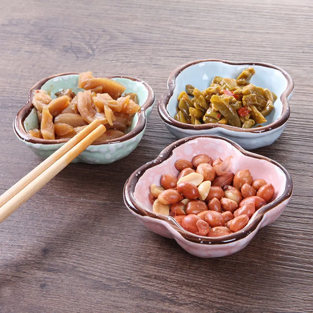 Japanese-Style Creative 3 Colors Snowflake Glaze Hexagonal Circular Ceramic Plum-Shaped Dish Sauce Kitchen Supplies | Дом и сад