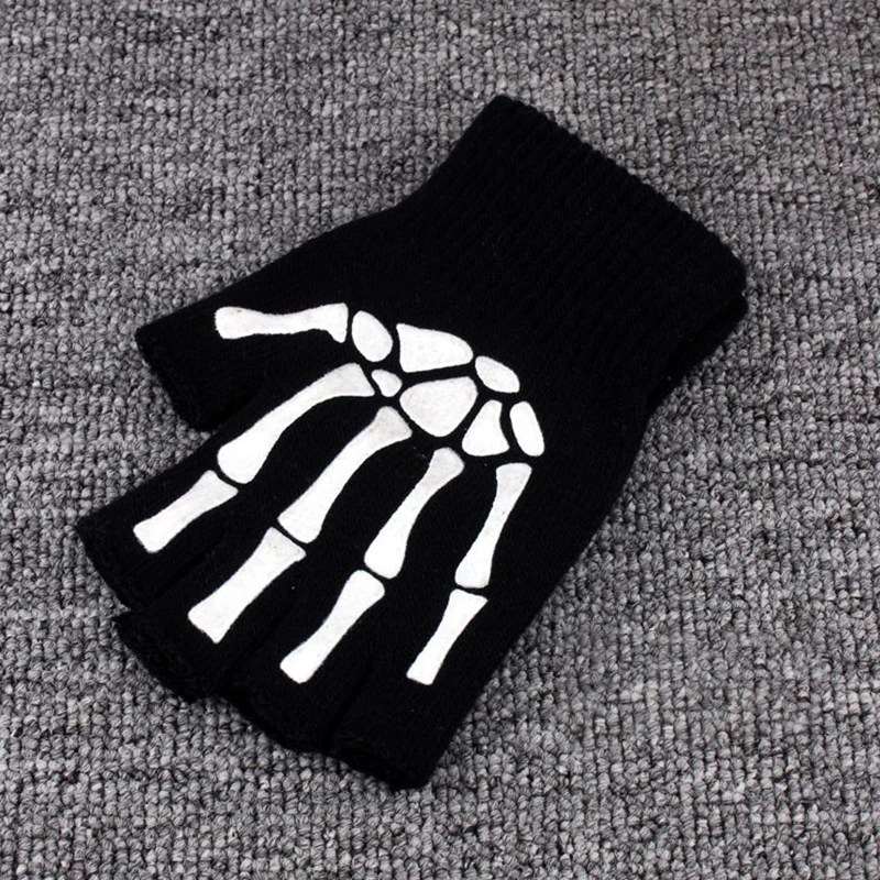 

2021 Printing Fluorescent Skeleton Skull Knitted Half Finger Glove Cool Autumn Winter Black Ridding Knitting Gloves for Children