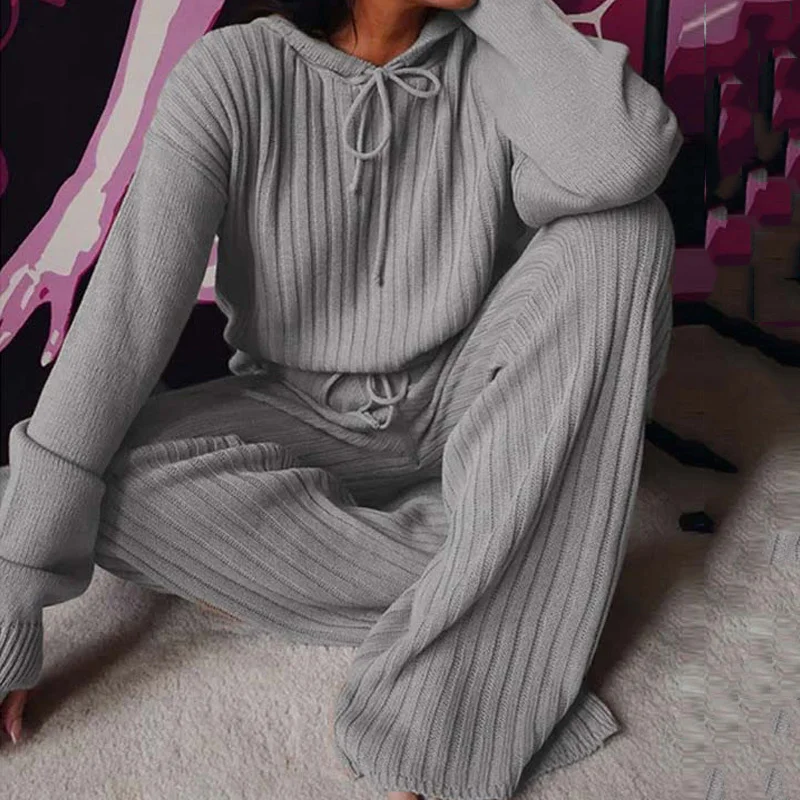 

Outono inverno de malha conjunto de pijama feminino com capuz calças de pijama casa terno para as mulheres manga longa sleepwear