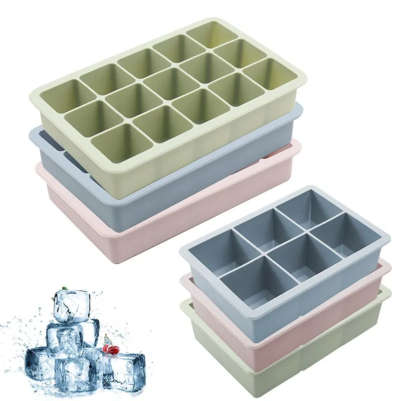 

6 Cells/15 Cells Big Grid Silicone Ice Cube Mold Pudding Jelly Maker Flexible Ice Tray Soap Mould with Lid Bar Kitchen Gadgets