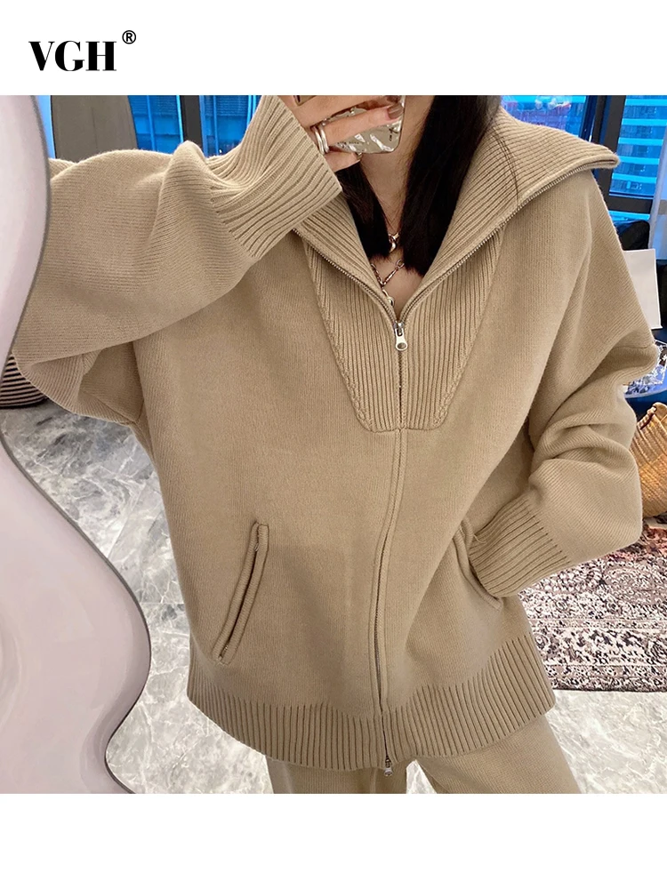 

VGH Loose Solid Sweater For Women Lapel Long Sleeve Minimalist Knitting Cardigan Female Korean Fashion Clothing Style New Autumn