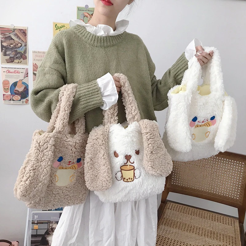 

Plush Smal Shoulder Bags Women Long Ears Soft Artificial Lamb Wool Ladies Handbags Kawaii Furry Casual Tote Messenger Bags MO294