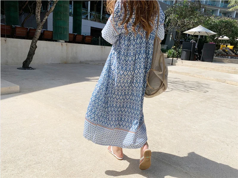 

Qooth V-Neck Bohemian Holiday Style Dress Short Sleeve Plus Size Pullover Long Dress Printed Floral Sweet Polyester Dress QT712