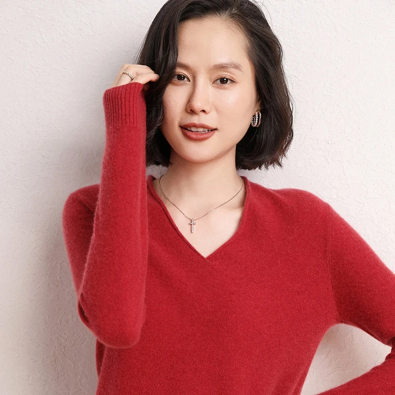 

Winter V-neck Sweaters Women 100% Pure Goat Cashmere Knitted Jumpers 8Colors 2020 New Fahion Tops Long Sleeve Female Pullover