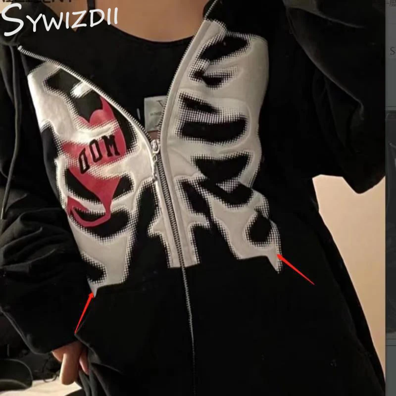 

SYWIZDII Y2K Skeleton Zip Up Hoodie Harajuku Loose Print Goth Coat Women Grunge Hooded Sweatshirt Emo Alt Vintage Fall Clothes