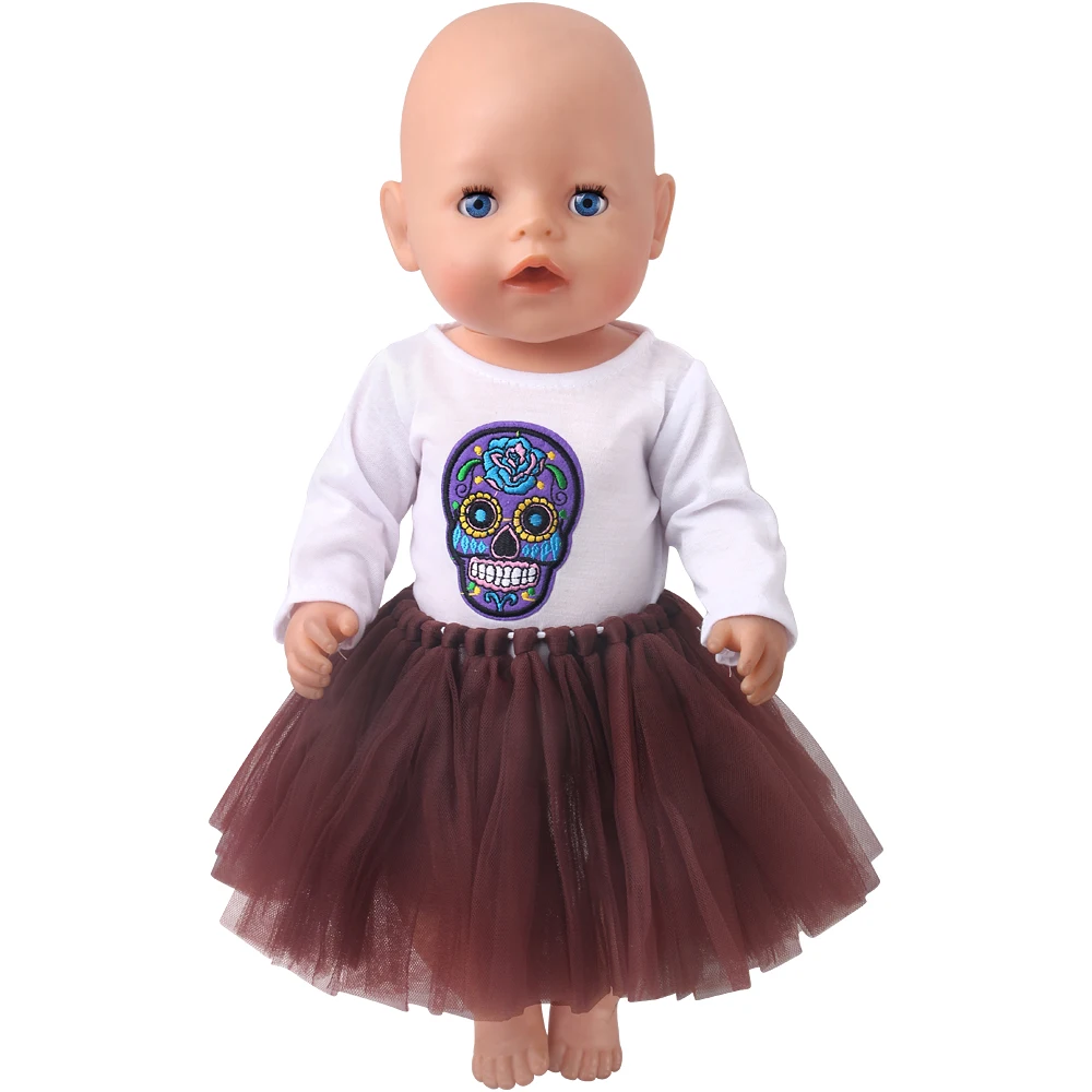 

43 Cm Boy American Dolls Dress Rock Purple Skull Print Brown Yarn Skirt Born Baby Toys Accessories Fit 18 Inch Girls Doll f869