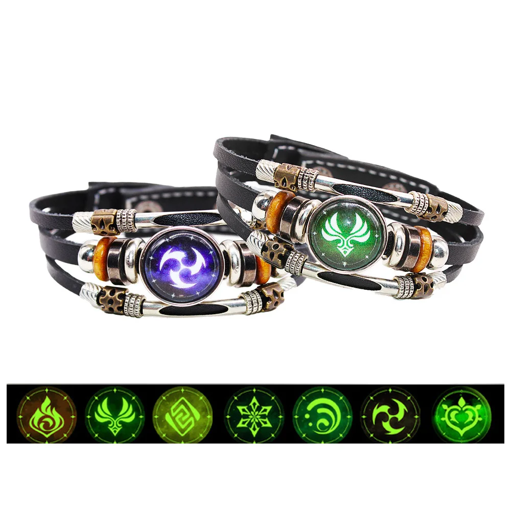 

Luminous new animation Genshin surrounding time gem bracelet Black Leather Men's and women's jewelry game God's Eye Bracelet