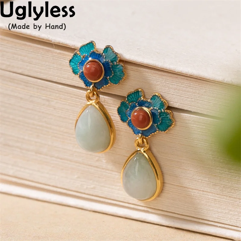 

Uglyless Eastern Beauty Enamel Flowers Earrings Women Elegant Water Drop Jadeite Studs Earrings 925 Silver Ethnic Brincos Agate
