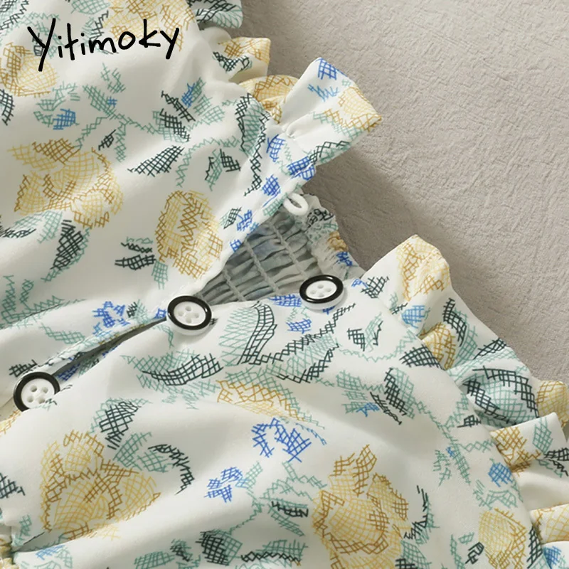 

Yitimoky Women Blouses Floral Print Shirts Summer 2021 Korean Fashion New Short Sleeve Folds Clothing Slash Neck Puff Sleeve Top