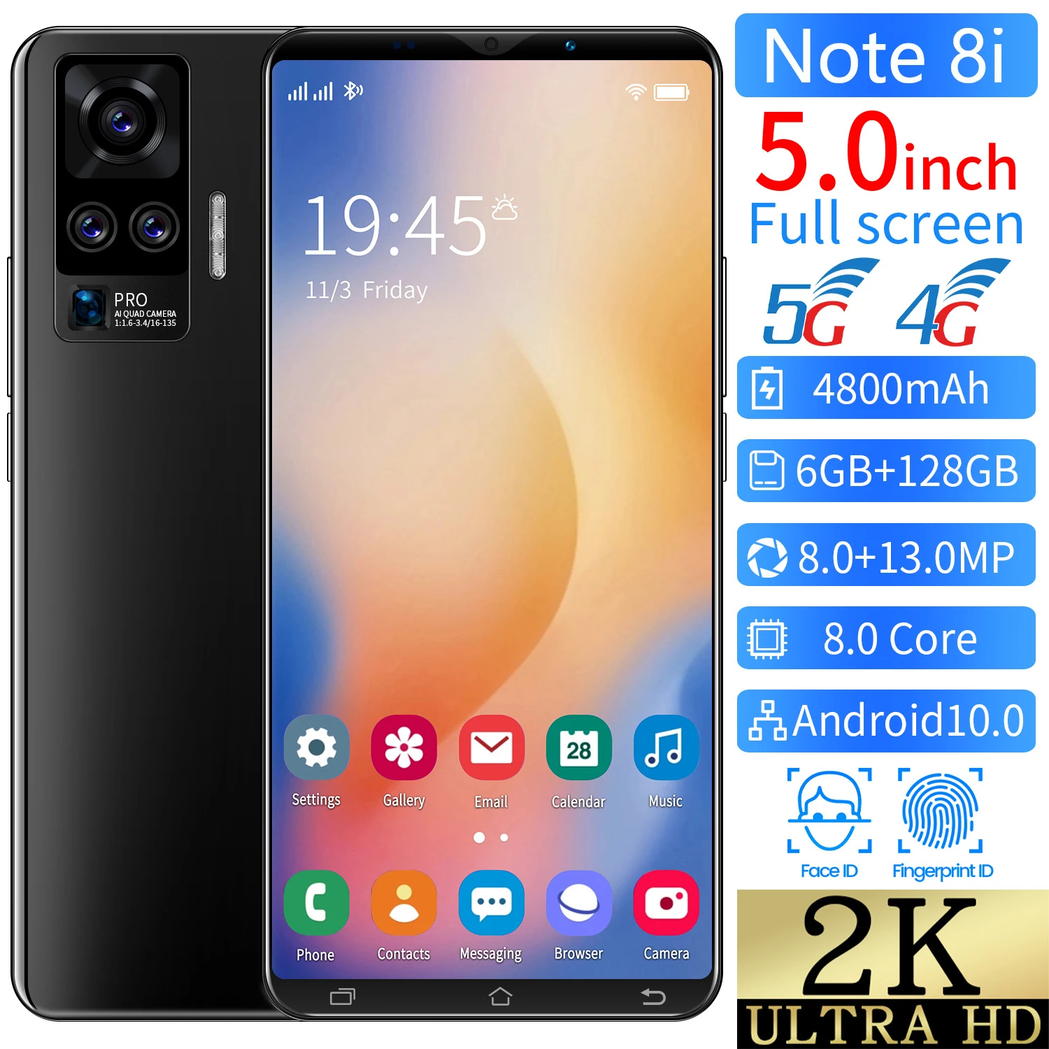 

Andriod 10 Smartphones Note 8i 5.0 Inch 6GB RAM 128GB ROM Global Version 8+13MP 8 Core MTK6889 Dual SIM 4G LTE 5G Cell Phone