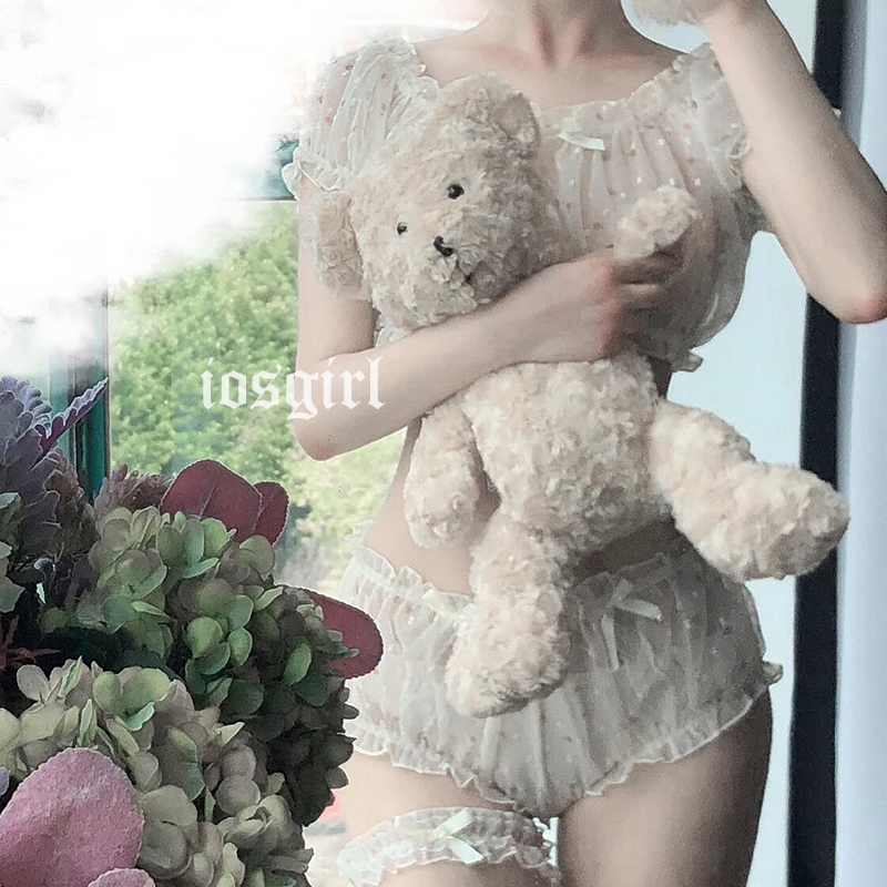 

Cute Pajamas for Women Off-Shoulder Tops Lolita Ruffle Underwear Panties Sexy Sleepwear Female Chiffon Lingerie Set Nightwea