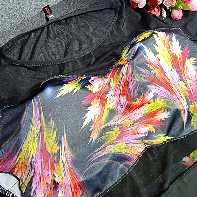 

Female Fashion Latin Dance Dress Floral Printing Gauze Stitching Costumes Split Wear for Ballroom Practice Long Sleeve