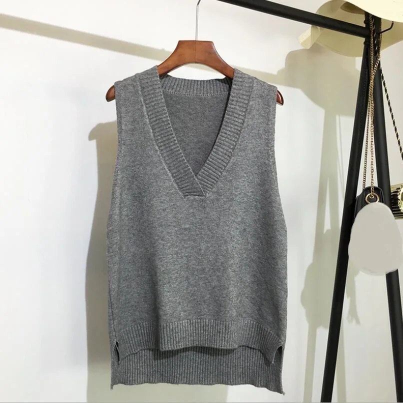 

Autumn Korean Women Knitted Sweater Sleeveless Women Loose Vest Ladies V-Neck Pullover Tops Teenager Girls Waistcoat Pull Femme