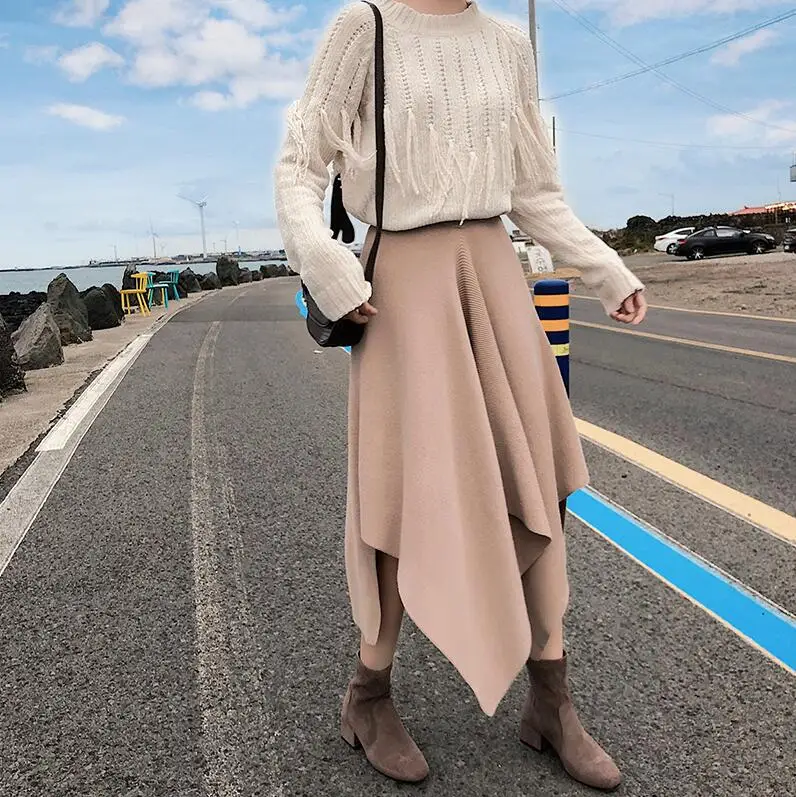 Khaki Женские вязаные юбки, осень и зима, новинка, ретро стиль, a-lineskirt, высокая талия, длинная юбка, черный, серый, хаки, нестандартная плиссированная юбка - Цвет: Khaki