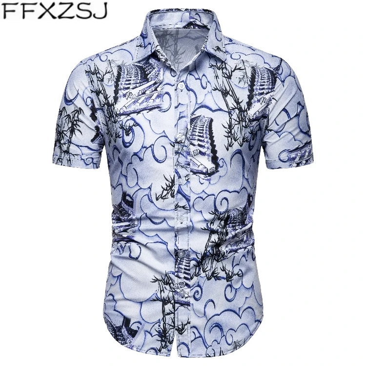 Мужская приталенная рубашка с короткими рукавами цветочным принтом и 3D