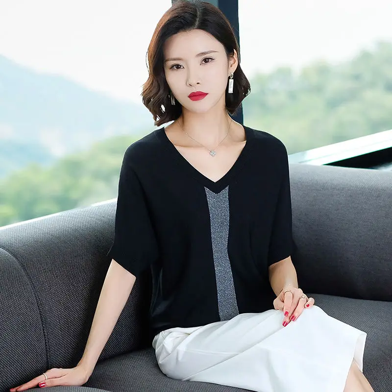 Short-sleeved Black V-neck T-shirt Female Stripes Stitching Fashion Loose Thin Frills Section Pullover Women | Женская одежда