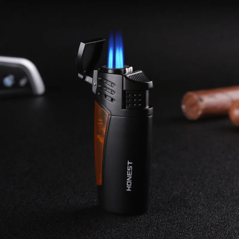 Новинка модная честная зажигалка с тремя прямыми синими огнями Бутановая