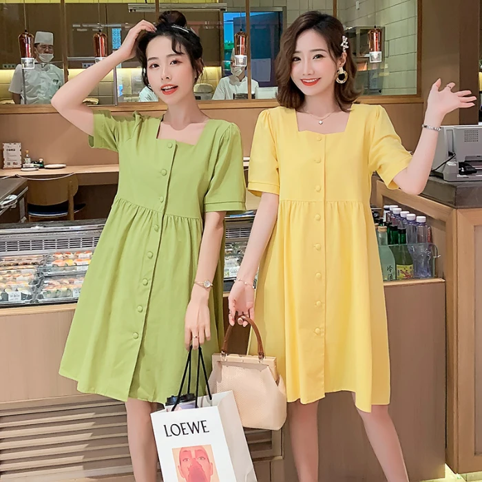 

Summer Fairy's Sweet Maternity Dresses BA Square Collar Single-Breasted Empire Green Yellow Pregnant Woman Short Sleeve Vestidos
