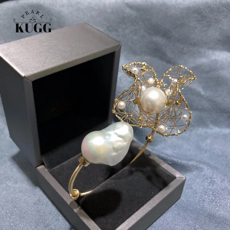 

KUGG PEARL 14K Gold Filled Pearl Bracelet Handmade Jewelry Fashion Natural Freshwater White Pearl Bangle for Women Customize