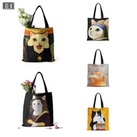 creative design female retro canvas handbag funny cat cartoon oil painting shopping bag girl large capacity shoulder bag totes
