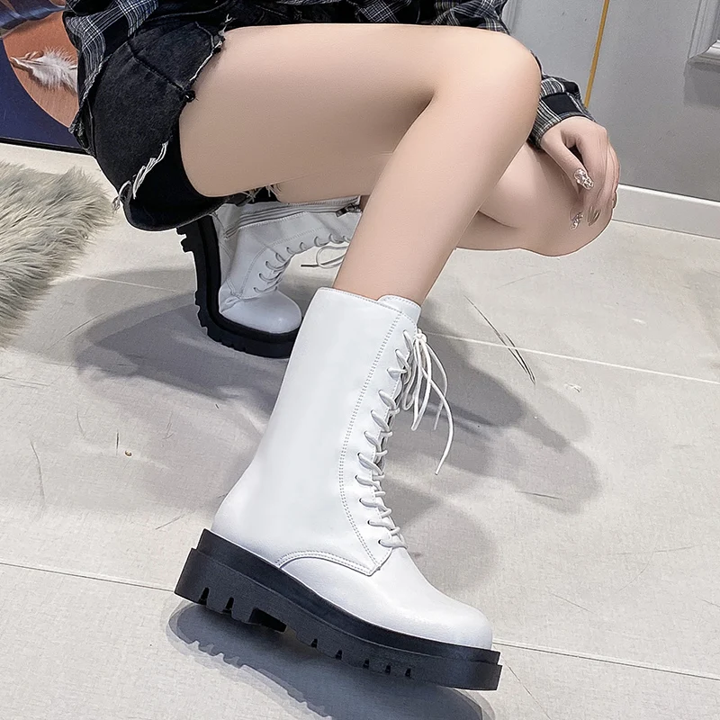 Женские кожаные ботинки на платформе Черные ботильоны в готическом стиле