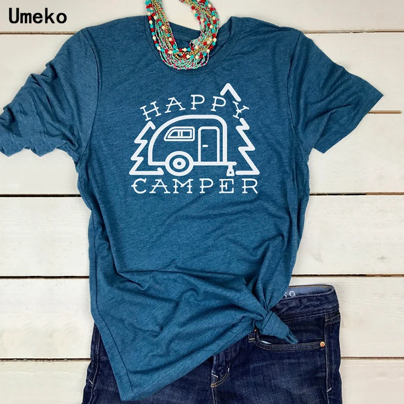 Женская футболка с круглым вырезом Umeko Повседневная Свободная надписью HAPPY CAMPER