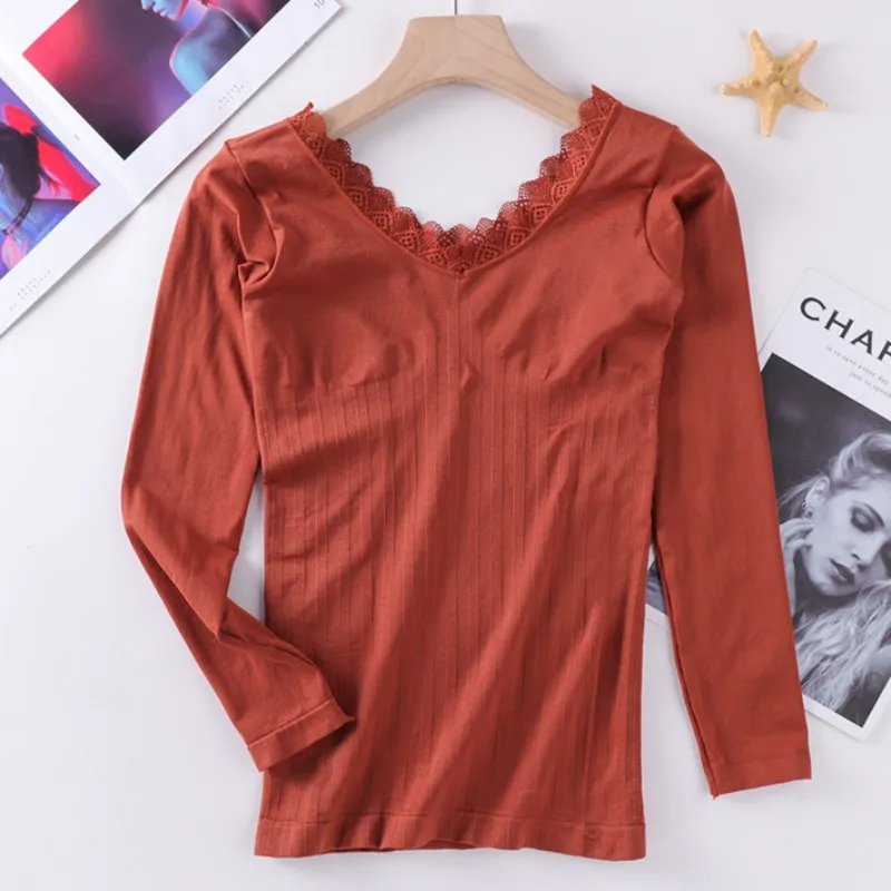 

Women Thin Lace Side Seamless Warm Underwear Top Knitted V-neck Sexy Ladies Stretchy Long Sleeve Sleepwear Top