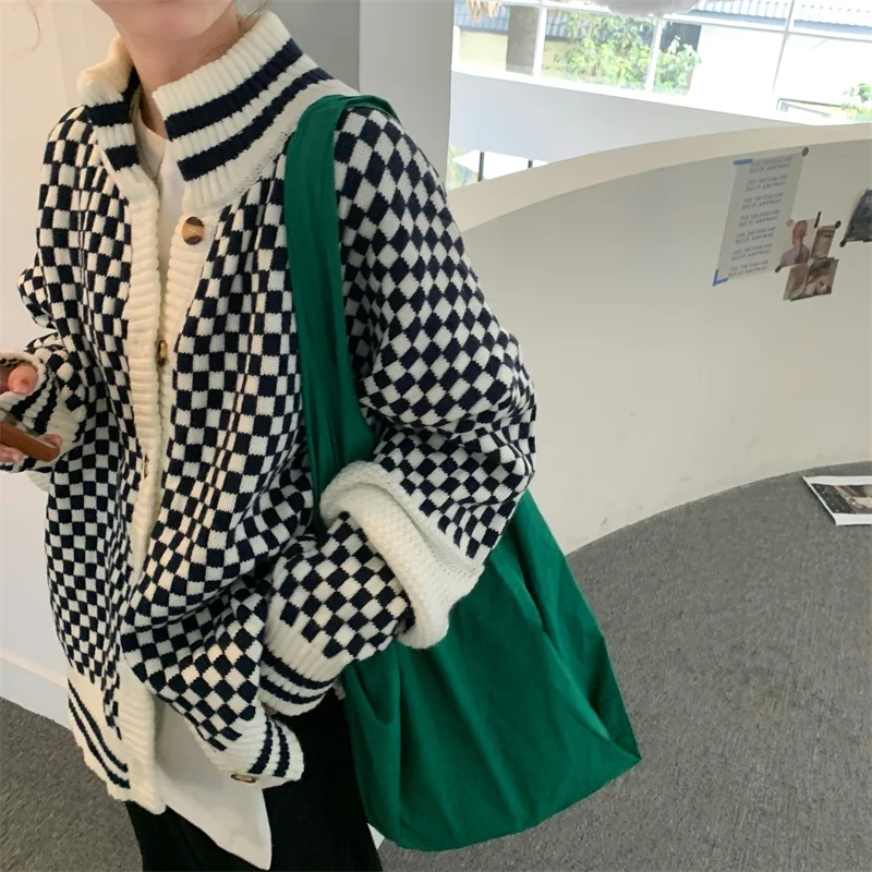 

Women's Chic Checkerboard Cardigan Autumn Winter Streetwear Plaid Loose Long Sleeve Sweater Jacket Ladies Knitted Jacket Top