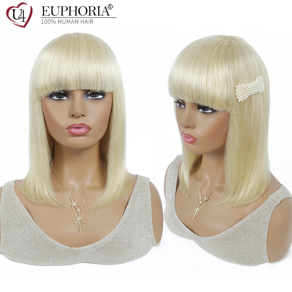 

Brazilian Remy Human Hair Full Machine Made Non Lace Wigs With Bangs Blonde 613 Straight Hair Wigs Ombre Platinum EUPHORIA