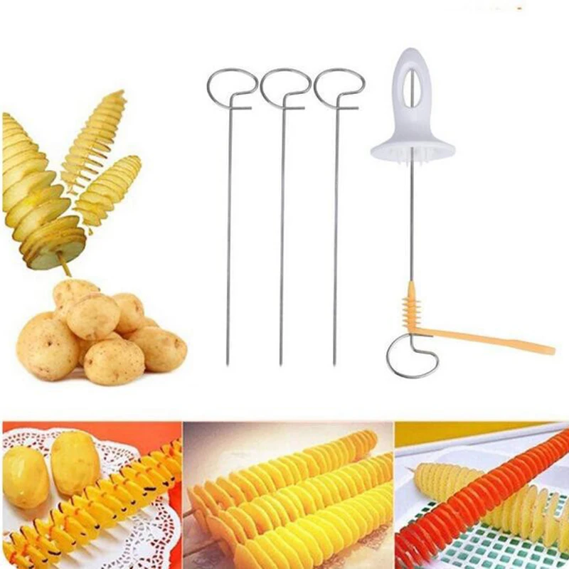 

1 Set Manual Rotate Potato Spiral Potato Cutter Slicer Fry Vegetable Spiralizer With 4 Stainless Steel Sticks Chip Kitchen Tools