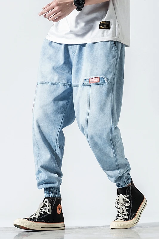 

Men Jeans Denim Pants Casual Trousers Straight Ankle-Length Solid Color Blue Loose Male Elastic Waist Streetwear