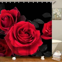 red rose shower curtain romantic elegant flowers floral plant leaf pattern black background bathroom with hook polyester screen