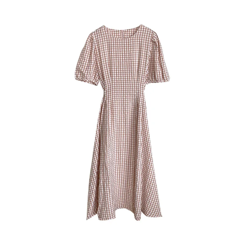 

2021 Summer Elegant Women Long Dress Short Sleeve 5-color Slim Dress Korean Loose Round Neck Plaid Long Dresses
