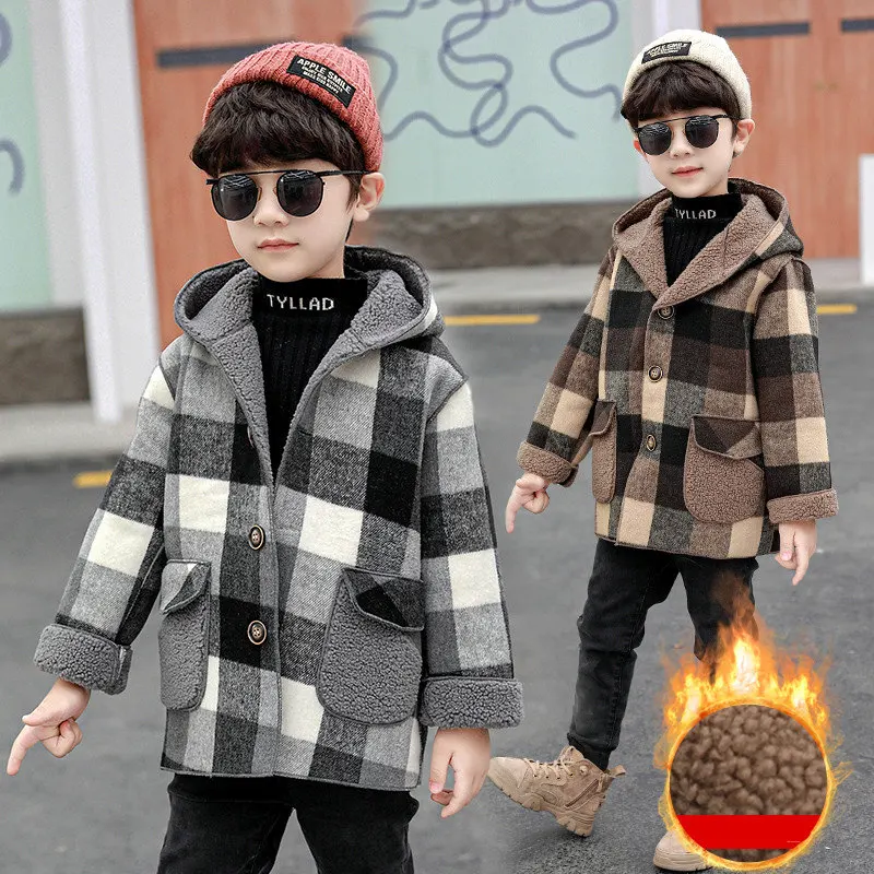 

Hot Sale Children's Woolen Coat Autumn Winter Baby Boys Casual Plaid Jackts Kids Hooded Outerwear Clothes 2 3 4 5 6 7 8 9Years