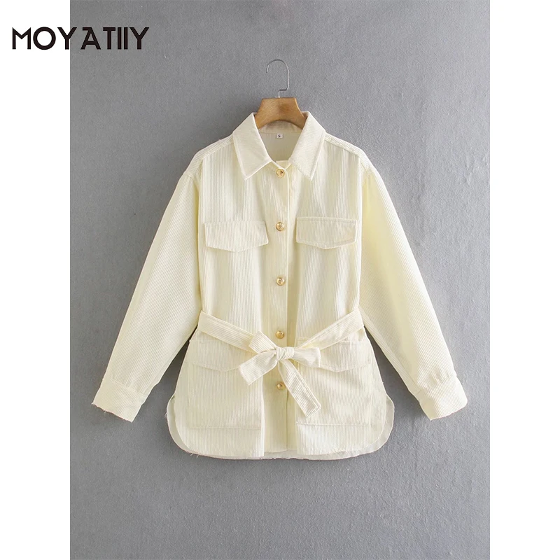 

MOYATIIY Women Fashion Autumn Jacket Coats Elegant Beige Color Corduroy Safari Long Overcoats with Lace Up Female Tops Outwear