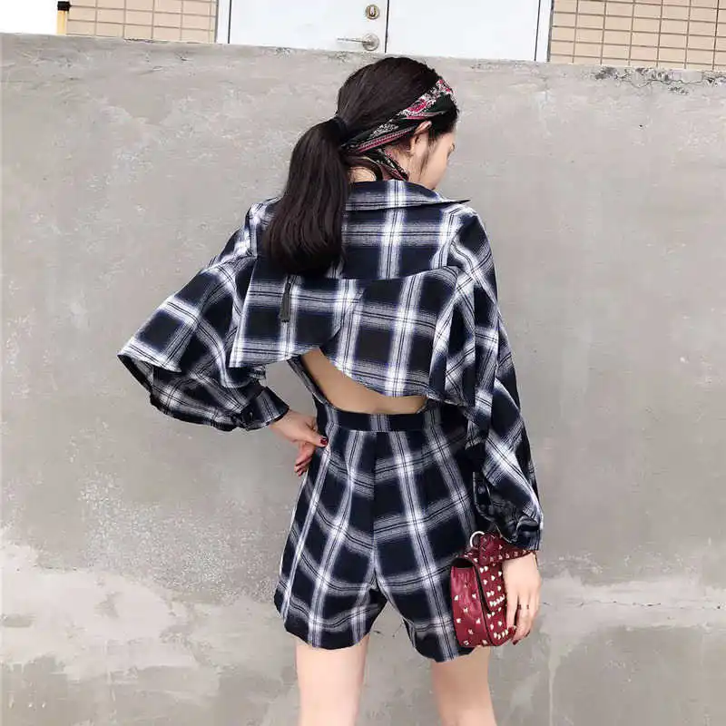 CHICEVER клетчатые комбинезоны с отворотами и рюшами на рукавах открытой спиной