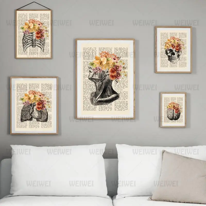 

Poster Visceral Skull Human Bones and Flowers Canvas Painting Home Decoration Wall Art Hospital Medical Wall Still Life Pattern