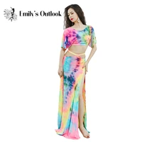 professional belly dance costume set women sexy stage show outfit competition suit loose top long skirt floral tie dye green