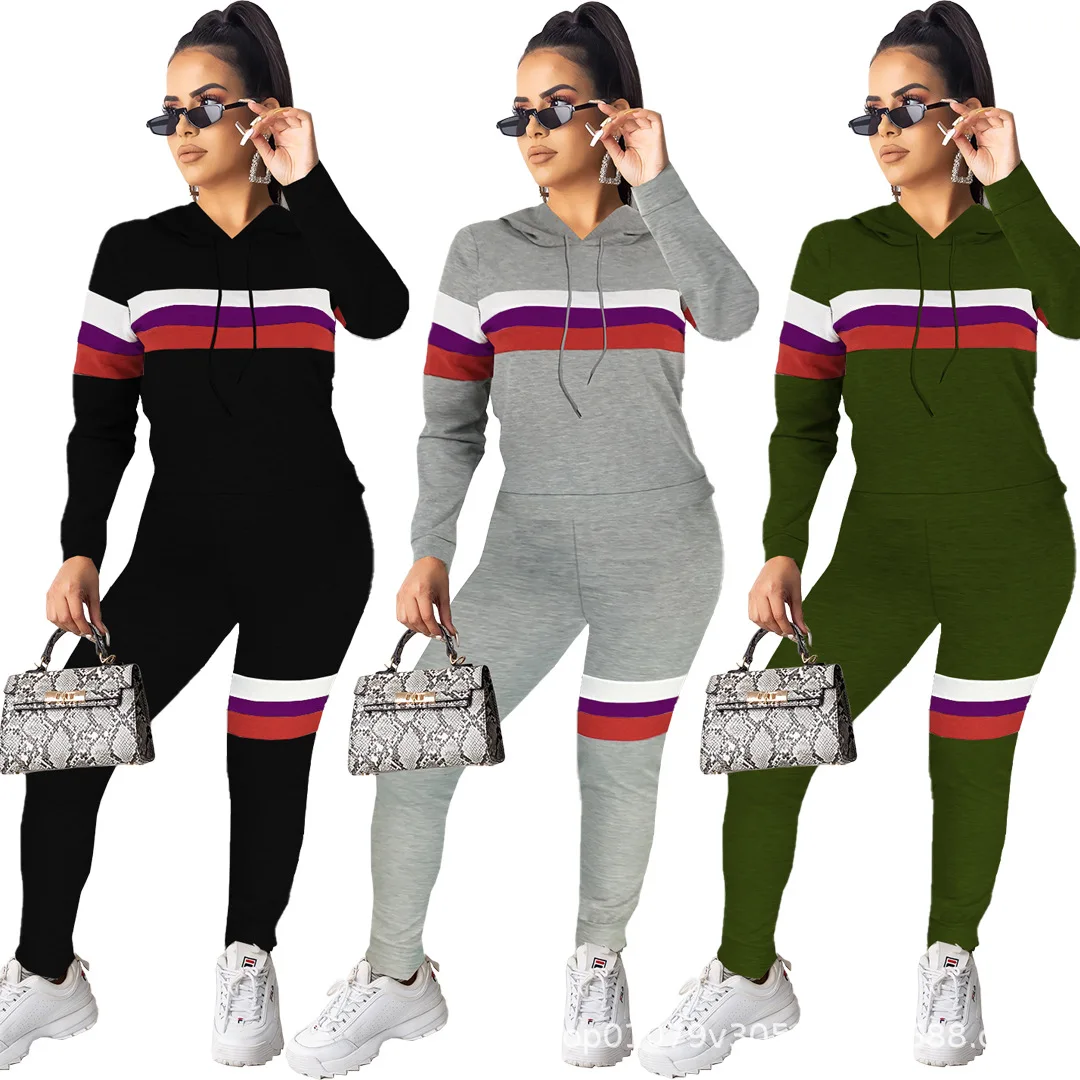 

2021 Autumn and Winter New Women's Fashion Casual Hat Pocket Stitching Sweater Two-Piece Suit