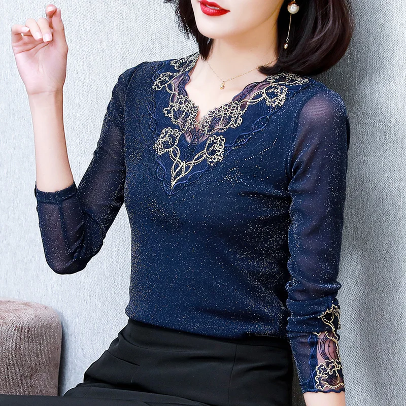 

Sexy Mesh Shiny Long Sleeve T Shirt Women summer Transparent Club Party Tee Shirts Sexy Thin V Neck Longt Tops
