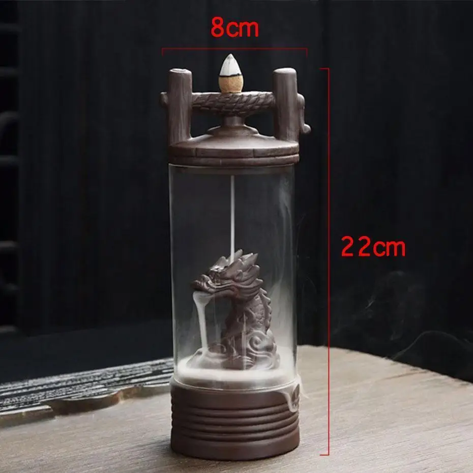 

50Cones Chinese 3 styles Dragon Incense Burner Ceramic Waterfall Incense Cones Holder Aroma Censer With Acrylic Windproof Cover
