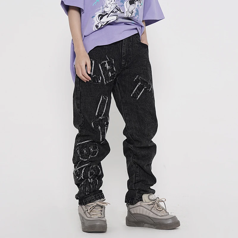 

High Street Letter Embroidery Frayed Fringe Jeans Mens Washed Oversize Casual Denim Trousers Straight Loose Baggy Jean Pants