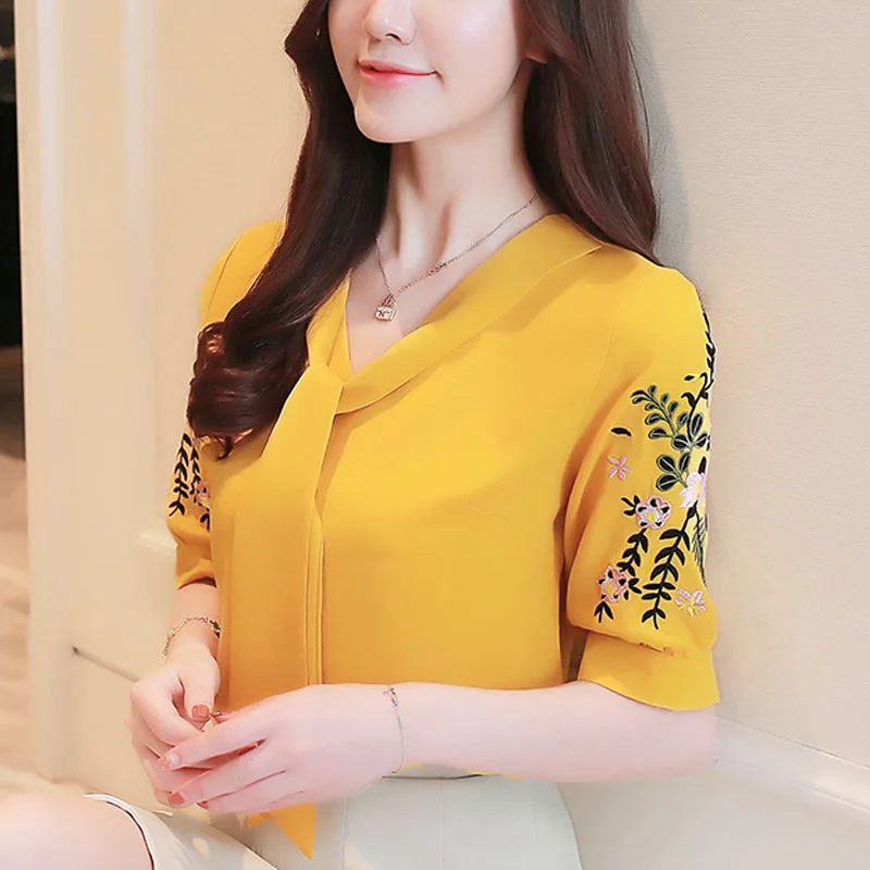 2019 шифоновая Женская Офисная рубашка блузка с коротким рукавом летние женские