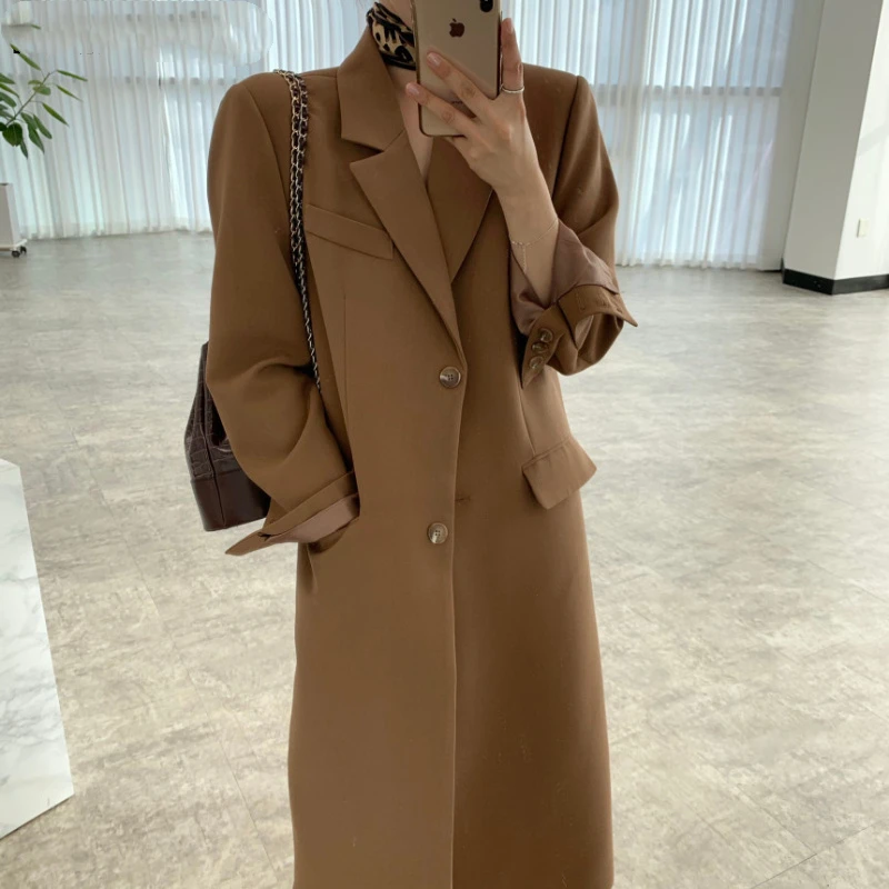 

Autumn Winter Long Blazer Women Full Sleeve Single Breasted Notched Collar Korean Fashion Outerwear Suit Coat Female Jacket