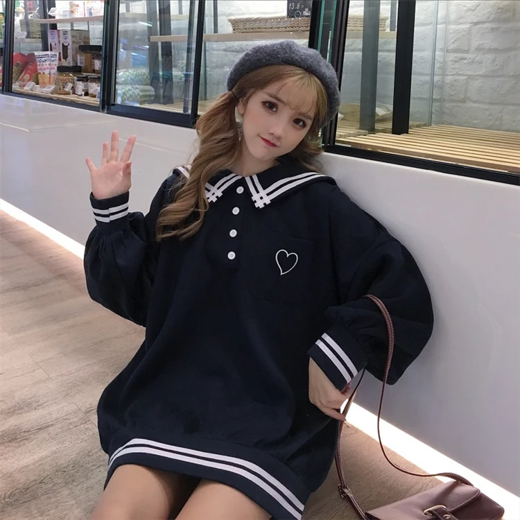 

casual ladies tops japan style autumn winter oversized women hoodies sailor collar pullovers fashion brand sweet sweatshirt new