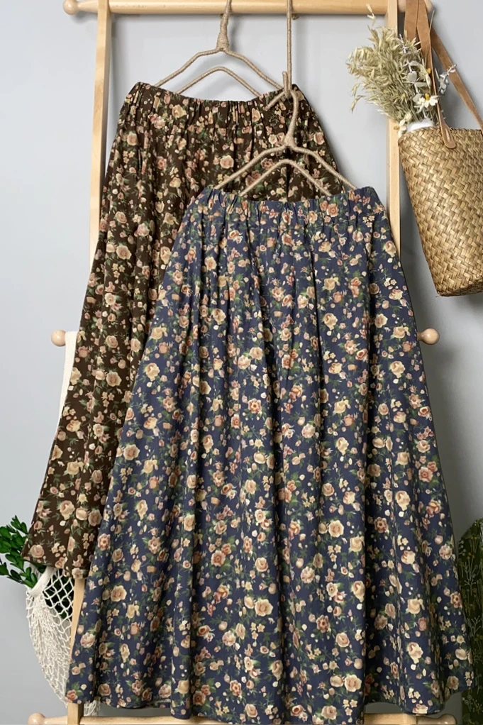 

2021 Early Spring New All-Match Printed A-Line Skirt Japanese Mori Women'S Cotton Floral Skirt