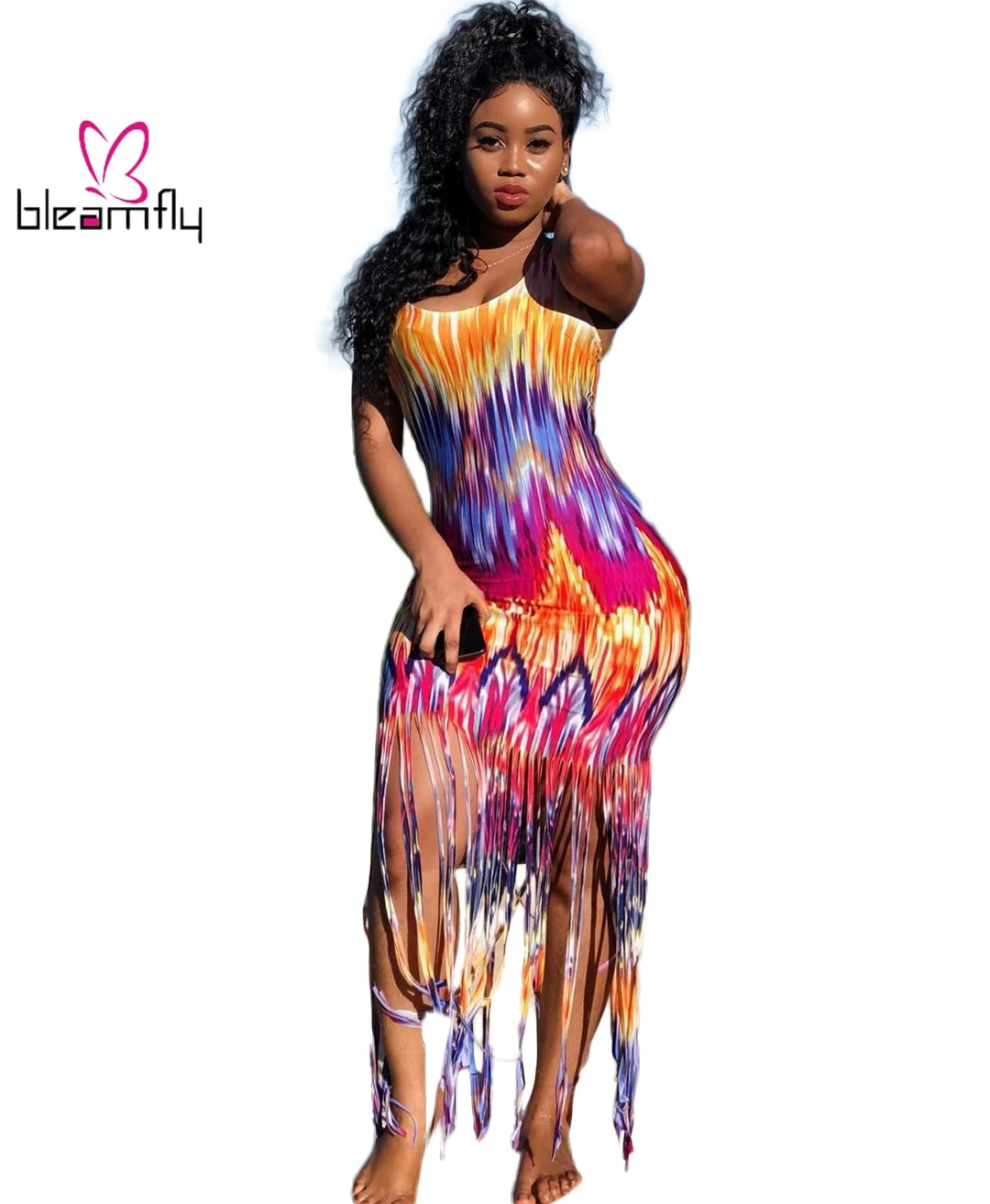 Осень Для женщин тай дай волна из набивной ткани с кисточками по краю миди