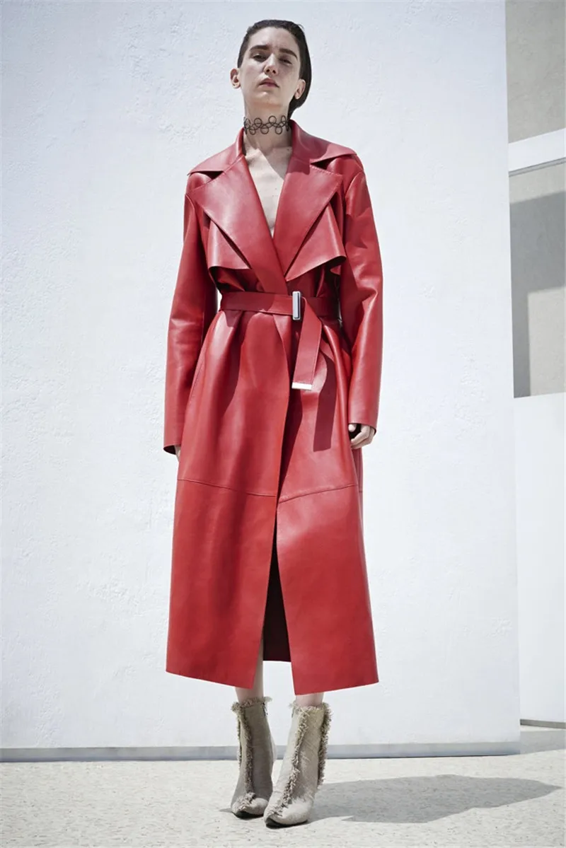 

2020 Autumn Sexy Long Sleeve V Neck Sashes Red Midi Leather Women blazer Dress Fashion High Street Chic Dress Vestido